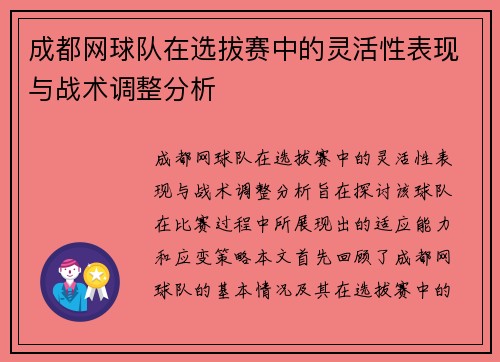 成都网球队在选拔赛中的灵活性表现与战术调整分析